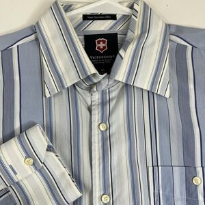 Victorinox Shirt Mens XL Blue Stripe Cotton Nylon Long Sleeve Button Up